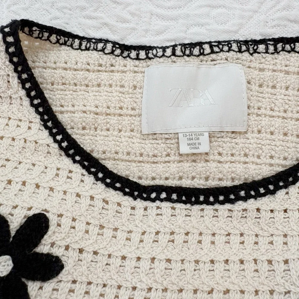 Zara Girls Crochet Floral Knit‎ Set - Tank and Shorts, Cream / Black Sz 13-14